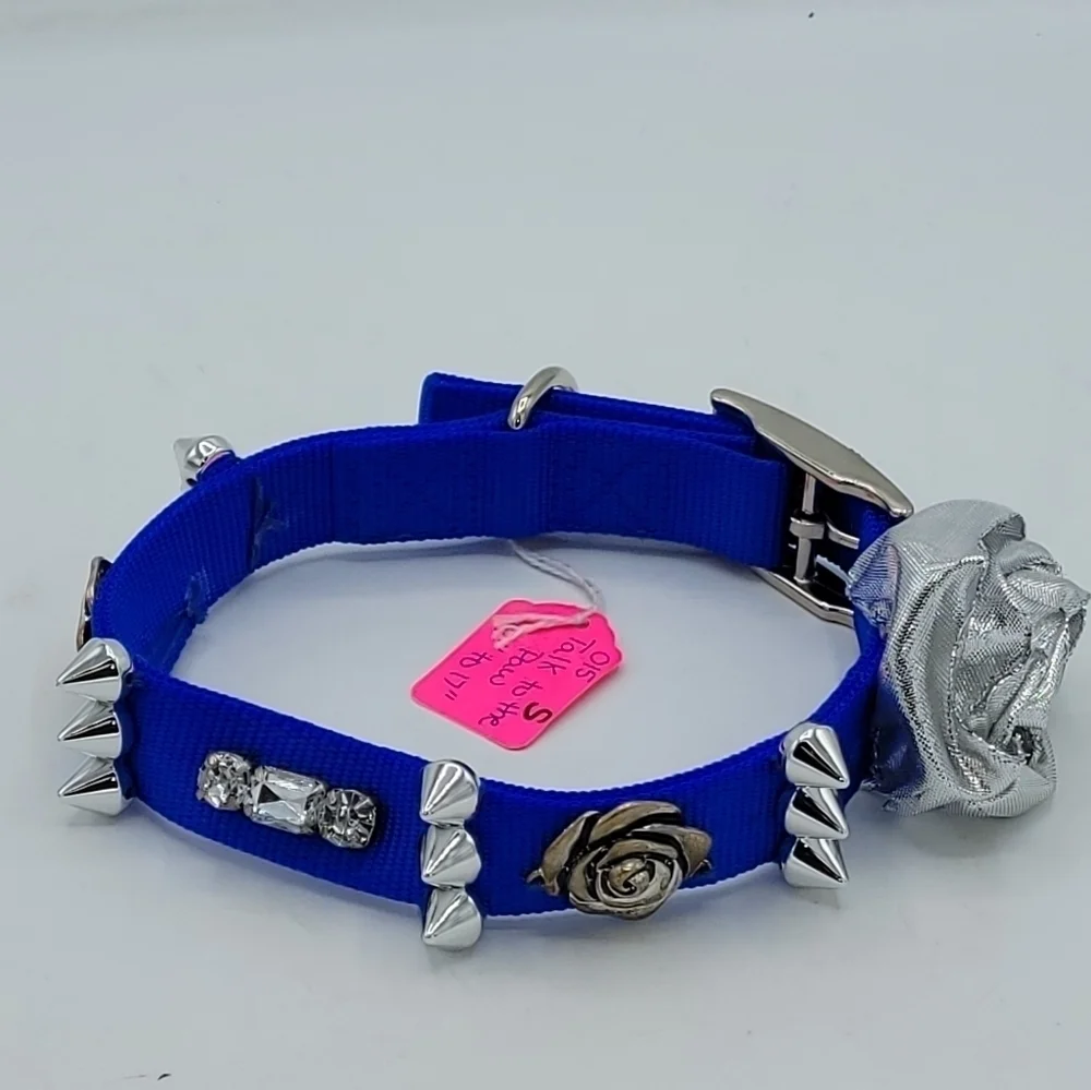 Top Paw Customized Dog Collar TALK TO THE PAW Blue Silver Flower Bling S…